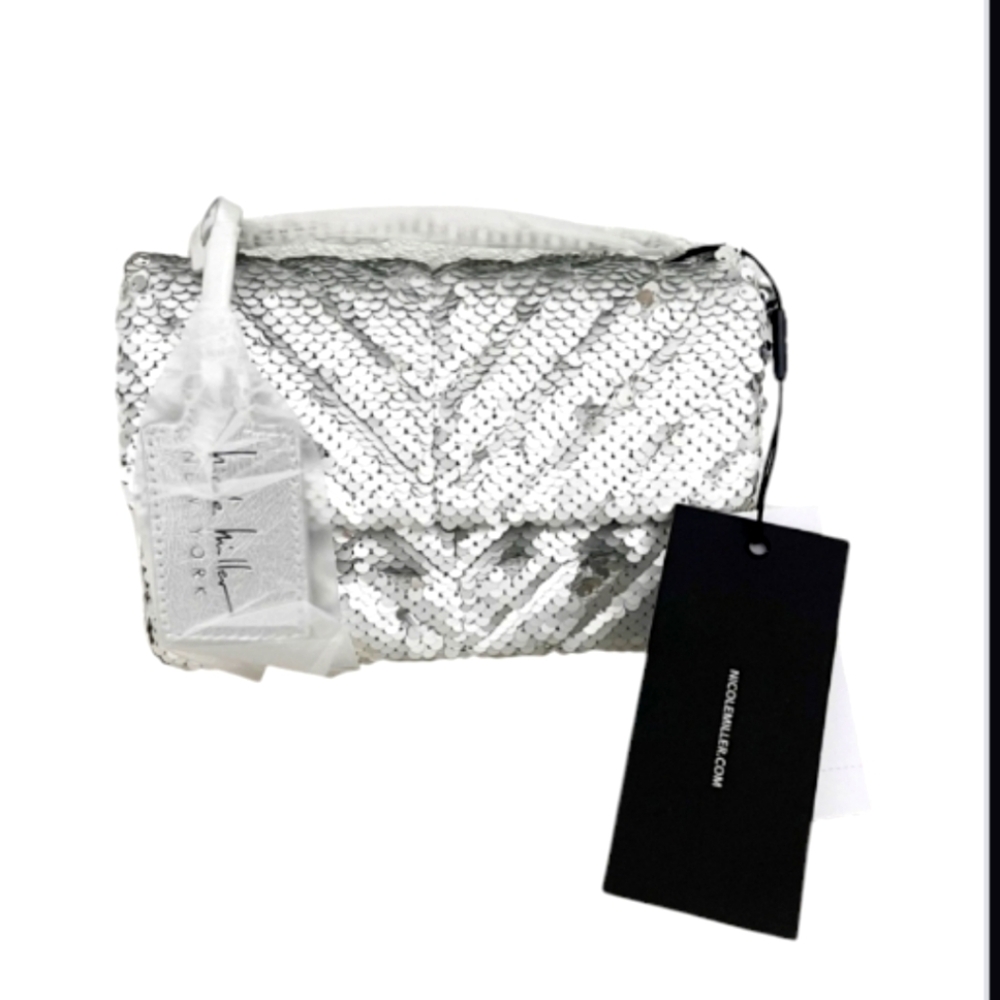 NWT Nicole Miller Silver Sequin Chain Strap Evening Small Crossbody Bag Clutch